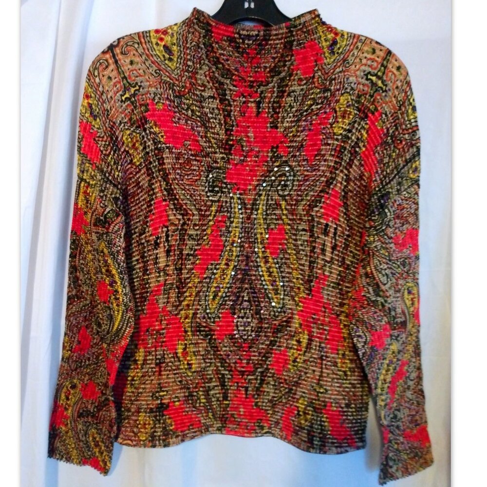 Sequin Crinkle Stretch Shirt Top L Disco Revival Y2K Glam Red Floral Festival - Picture 2 of 6